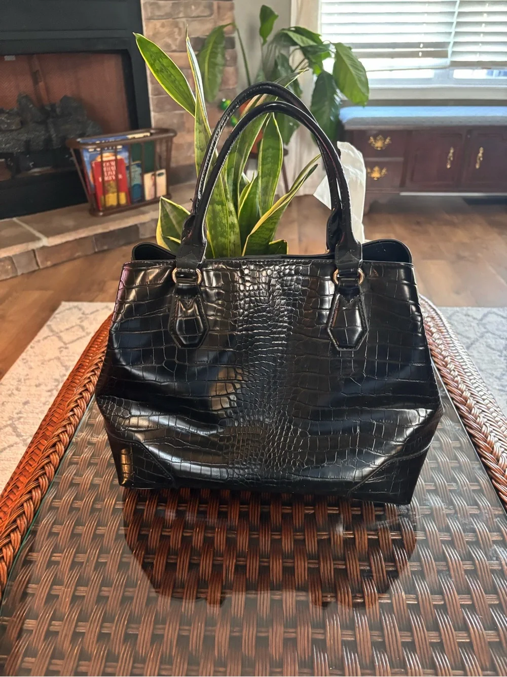 Nine West Black Croc-Embossed Satchel